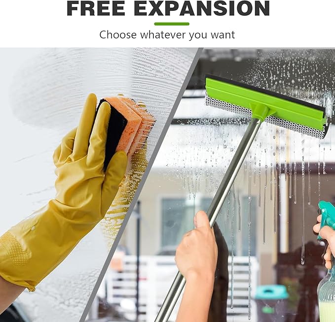 2-in-1 Window Squeegee with 30"-59" Stainless Steel Adjustable Handle - Glass Cleaner for Shower Doors, Car Windshield & High Outdoor Windows