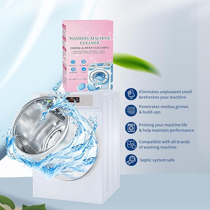 24-Pack Washing Machine Cleaner Tablets HE Front Load and Top Load Compatible Descaler Pods for Laundry Tub, Drum and Gasket Septic Safe, Fresh Scent (1-Year Supply)