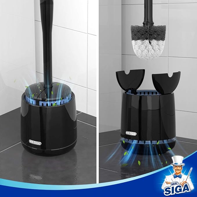 MR.SIGA Toilet Bowl Brush and Holder, Premium Quality, with Solid Handle and Durable Bristles for Bathroom Cleaning, Black, 1 Pack