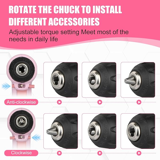 Cordless Drill, 7.2V Power Drill Set with 23pcs Acessories, 3/8" Keyless Chuck, Built-in LED, Type-C Charge Cable, Cleaning Brush Head, Pink Electric Screwdriver for Women