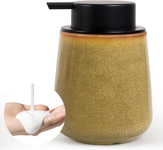 INGOFIN Ceramic Lotion Dispenser - 12 oz Refillable Hand Soap Dispenser Bathroom, Modern Liquid Soap Dispenser with Pump, Dish Dispenser for Kitchen,Kiln-Glazed Earthy Yellow