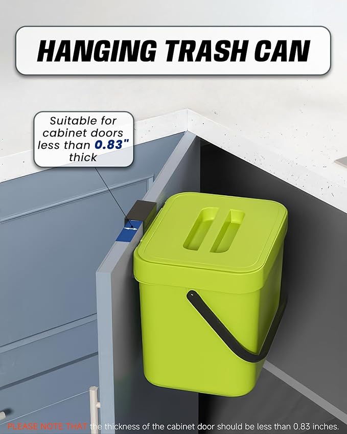 Countertop Compost Bin Kitchen, 1.8 Gallons Hanging Trash Can with Lid for Kitchen Cabinet Door, Under Sink, Wall Mounted Waste Bin for Bathroom, 7L(Lime Green)