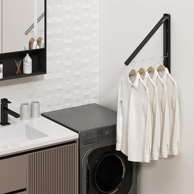 Clothes Drying Rack for Laundry Drying Rack Wall Mounted Clothes Hanger Rack Retractable Laundry Hanger Dryer Rack Space Saving Closet Organizer Aluminium (Black)
