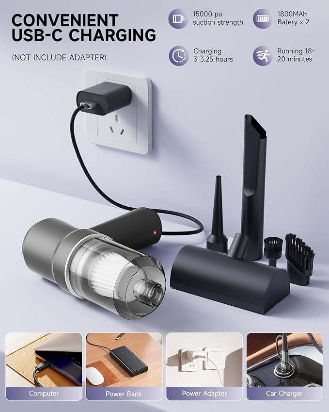 Mini Vacuum Cleaner Cordless with LED Light | 15000 Pa Hand Vacuum Cordless Rechargeable - Portable 3-in-1 Powerful Car Vacuums with Multi-Nozzles for Car, Home, Pet Hair, Black