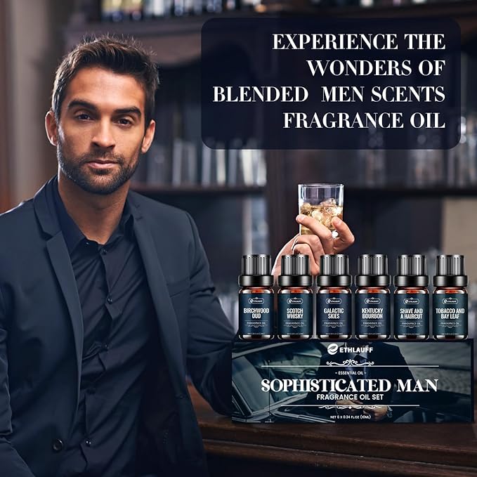 Men Essential Oils Set - TOP 6 Gentlemen's Fragrance Oil for Diffuser, Candle & Soap Making - Tobacco and Bay Leaf, Kentucky Bourbon, Galactic Skies, Scotch Whisky, Birchwood Oud