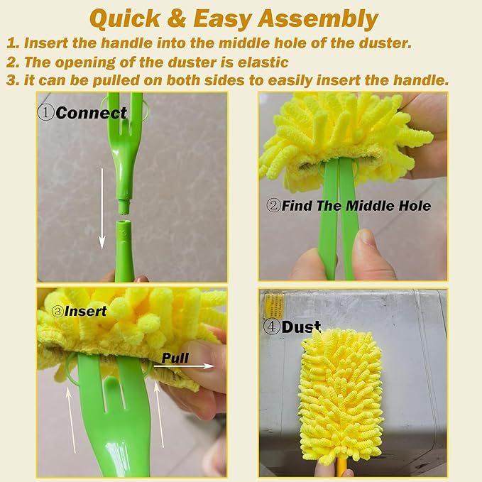 Reusable Duster for Swiffer, 2 Refills +1 Handle, 360 Heavy Duty Duster Refill Compatible with Swiffer Hand Dusters, for Dusting Furniture, Blinds, Ceiling Fans, Walls and More, Yellow