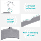 Sishynio Premium Velvet Shirt Hangers 50 Pack, Space-Saving Non-Slip Felt Hanger with 360° Swivel Hook, Slim Flocked Hangers for Strappy Dresses, Blouses, Tank Tops(Grey)