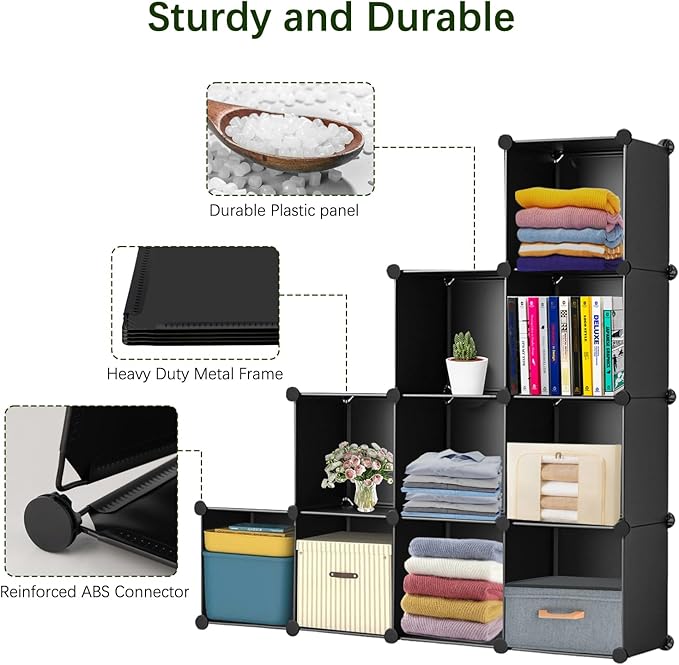 Whitmor 16 Cube Closet Organizers and Storage, Stackable Plastic Closet Shelves with Hooks & Mallet, DIY Clothes Organizer, Cube Bookshelf, Portable Storage Organizer for Bedroom, Home, Office, Black