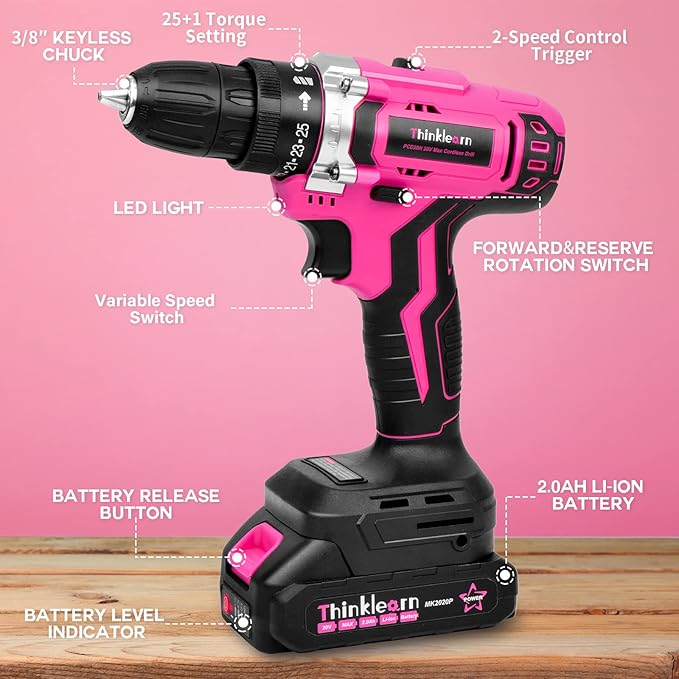 20V Pink Cordless Drill Set - Power Drill/Driver Kit with Drill Brush, Bit Set, 3/8" Keyless Chuck, 2 Variable Speed, 25+1 Torque Setting, Battery and Charger Included, Electric Drill for Home