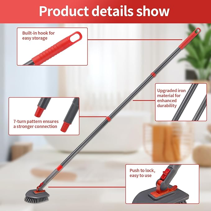 Tile Tub Scrubber Brush No Scratch with 4 Different Function Cleaning Heads and 51" Long Handle- Shower Scrubber for Cleaning Bathroom Kitchen Toilet Wall,Bathtub,Sink，Floors, Walls, mats, Ceilings