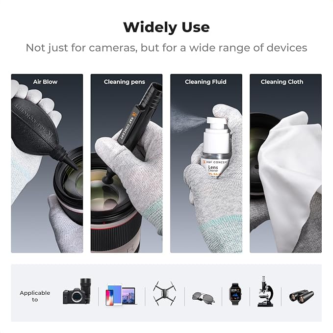 K&F Concept Professional Camera Cleaning Kit - Sensor Cleaner, APS-C & Full-Frame Swabs, Air Blower, Lens Brush, Gloves, Lens Cloths, Carry Case, Lens Cleaning Kit for FF DSLR & Mirrorless Cameras