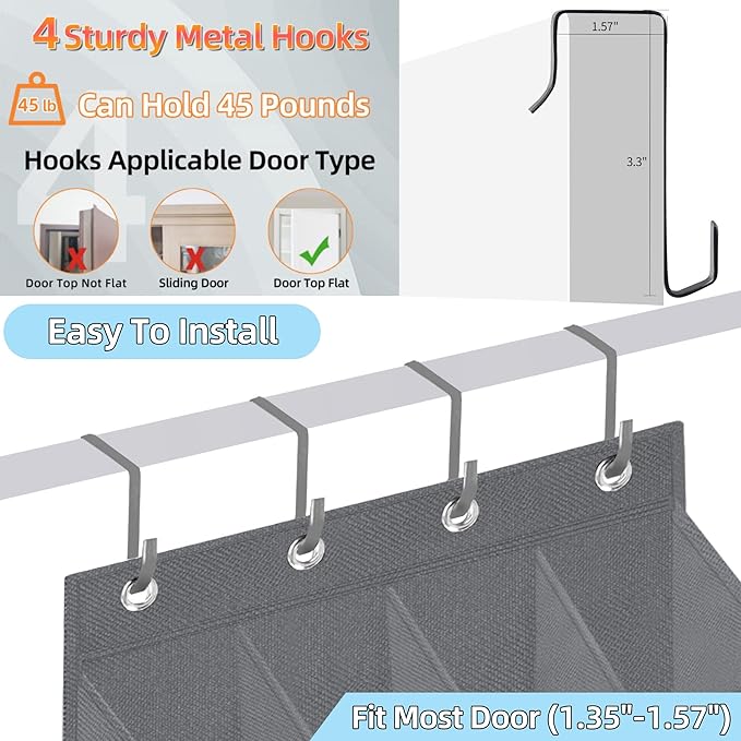 Over The Door Shoe Organizer, Hanging Shoe Rack with 16 Deep Pockets, Wall Shoe Storage for Closet and Narrow Door, RV Storage and Organization, Grey