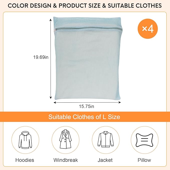 4-Piece Blue Large Durable Organic Cotton Mesh Laundry Bags with Sturdy Zippers and Breathable Mesh are Delicate Laundry Bags for Underwear, Clothes, Pants and Socks