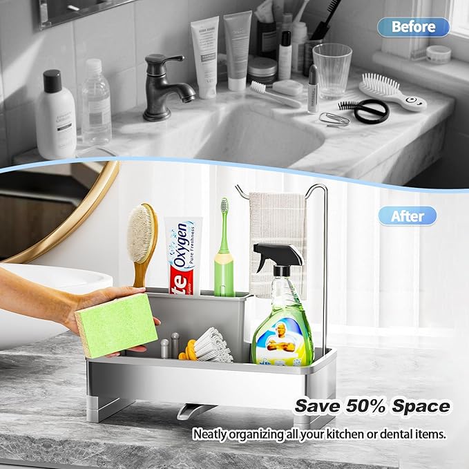 Ewaiira Stainless Steel Sink Caddy, Sponge Holder for Kitchen Sink with Brush Holder & Dishcloth Rack, Rustproof Sink Organizer Countertop, Kitchen Organizers Storage Essentials (F-Gray 9.8″)