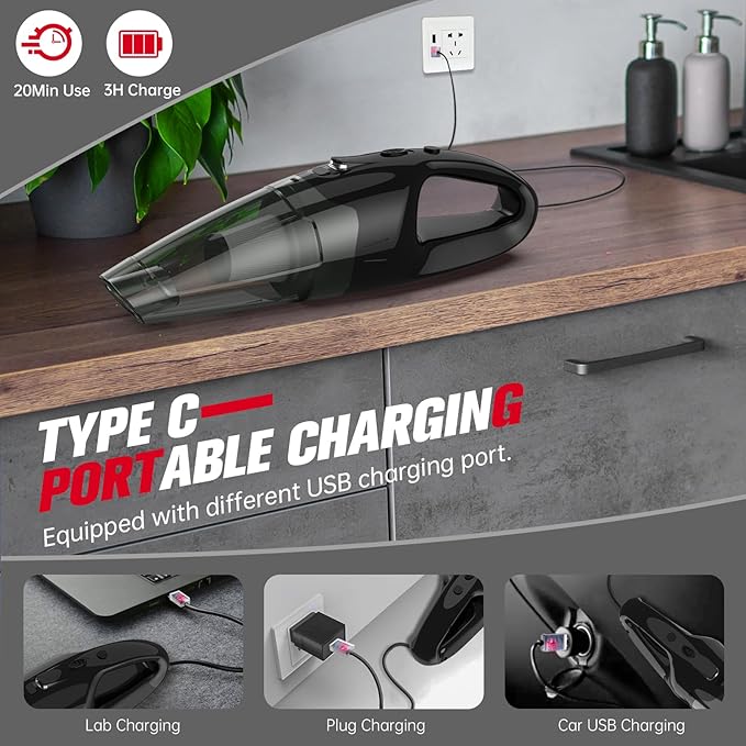Handheld Vacuum Cordless Rechargeable, Car Vacuum Cleaner with LED, USB Charge, 1.65LBs Hand Vacuum Cordless, for Car/Home/Pet
