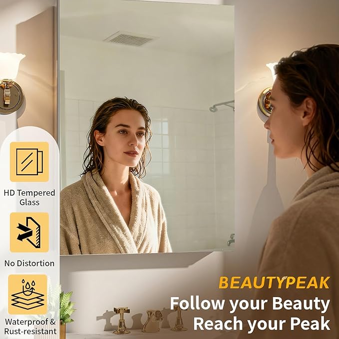 BEAUTYPEAK Bathroom Medicine Cabinet Mirror with Storage, 16 Inch x 24 Inch Silver Medicine Cabinet with Single Door & Adjustable Shelves for Vanity, Tempered, Aluminum Surface, Wall-mount or Recessed