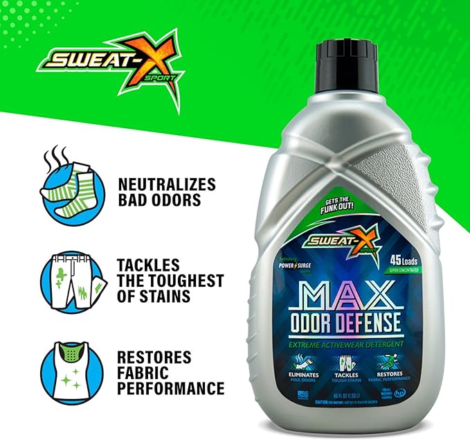 Sweat X Original Max Odor Defense Laundry Detergent – Remove the Worst Odors & Toughest Stains – High Performance Sports Wash for Training Gear & All Fabric Types – 45 Loads/Bottle – 4 Pack