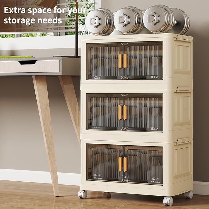 3 Tier Stackable Plastic Storage Bins with Lids 48QT, Collapsible Closet Organizers and Storage with Wheels for Living Room,Office,Dorm