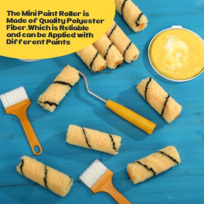 Leumoi 300 Pcs 4 Inch Mini Paint Roller Cover 1/2" Nap Small Microfiber Roller Covers Home Repair Tools House Household Supplies Kit (Black, Yellow)