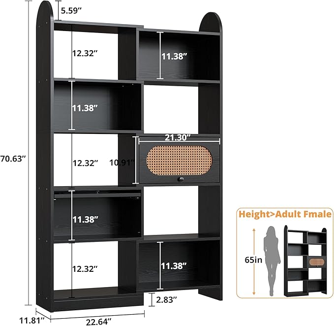 IRONCK 6 Tier Bookshelf and Bookcase with 2 Rattan Design Flip-top Storage Cabinets, 8 Cube Bookcases Display Storage Shelves Organizer for Living Room, 43.3" Black