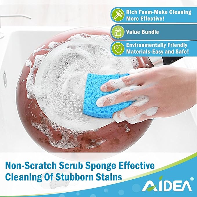 AIDEA Sponges Kitchen, Non-Scratch Scrub Sponge, 12Count, Sponges for Non-Stick Cookware, Kitchen Sponge for Dishes, Cleans Fast Without Scratching, Cleaning Power for Kitchen, Bathroom, Household