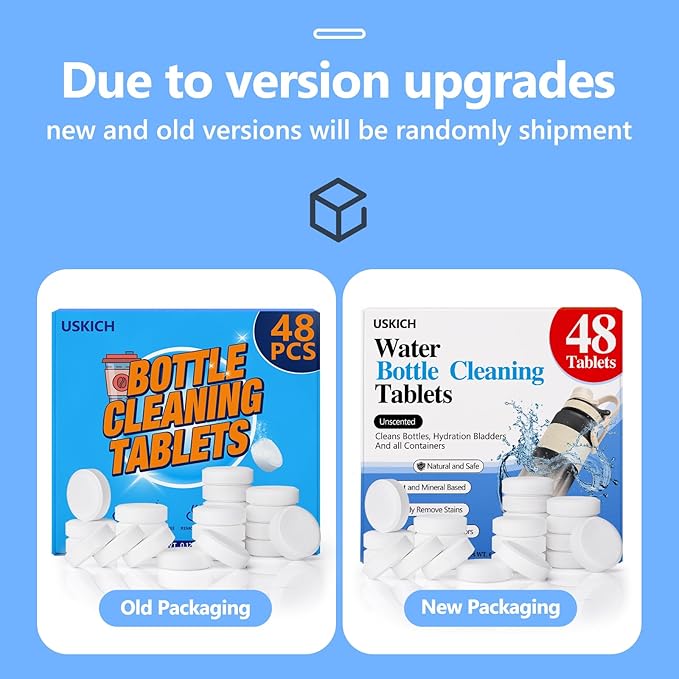 USKICH 48 Pack Water Bottle Cleaning Tablets,Water Bottle Cleaner Great for Stainless Steel, Thermos, Tumbler, Insulated and Reusable Water Bottles,Removes Stubborn Stains and Odors