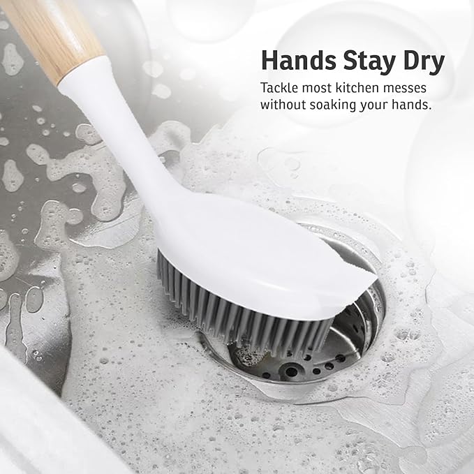 Bamboo Dish Brush with Handle – Wooden Scrub Brush for Cast Iron, Sink, Pots & Dishes – Kitchen Dish Washing Brush with Nylon Bristles – Durable Dish Scrubber for Cleaning