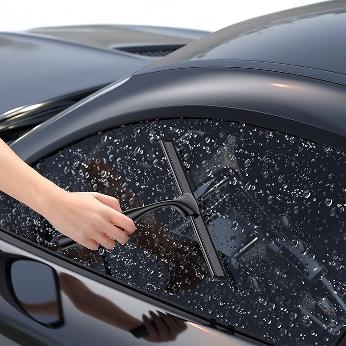 Shower Squeegee for Glass Doors, 10-Inch Stainless Steel Squeegee Bathroom Doors Mirror Car Windows with Matching Hooks Holder and Replacement Blade (Black)