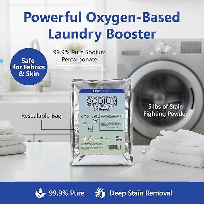 Sodium Percarbonate Powder 10 lbs – Oxygen Bleach, Laundry Booster & Stain Remover – 99.9% Pure Fabric Brightener & Home Cleaning Powder – Multi-Surface Cleaner