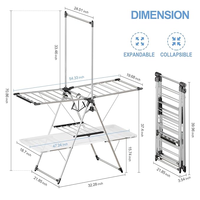 APEXCHASER Clothes Drying Rack, Foldable 2-Level Drying Racks with High Hanger, Metal Laundry Stand with Height-Adjustable Gullwings