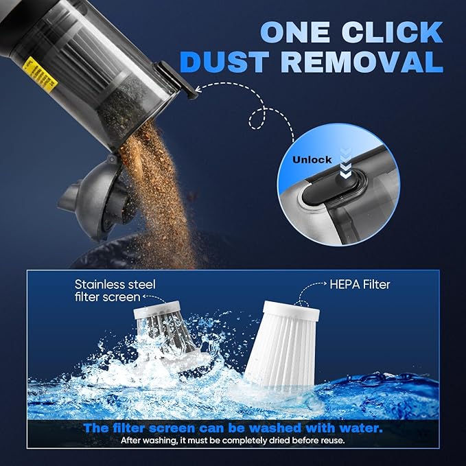 Saker Car Vacuum Portable Cordless 20000Pa Suction Power 4 in 1 Handheld Vacuum&Air Duster with LED Light Type-C Charge Portable Mini Vacuums for Car, Home, Office, Pet HL157 Silver