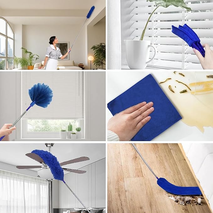 Dusters for Cleaning, 9 in 1 Kit 100” Feather Duster with Extension Pole, Retractable Bendable Washable, Cobweb Duster Chenille Gap Dust Brush Blind Duster for Cleaning High Ceiling Fans