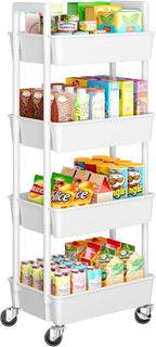 Pipishell 4 Tier Rolling Cart Organizer, Plastic Rolling Cart with Lockable Wheels & Reinforced Handle, Lightweight Utility Cart Storage Cart for Nursery, Kitchen, Bathroom, Craft Room, White, PIUC15W