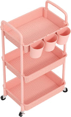 MOYIPIN 3-Tier Plastic Rolling Utility Cart with Handle,Utility Storage Cart for Office, Living Room, Kitchen,Movable Storage Organizer Shelves,Pink with 5 Hanging Cups