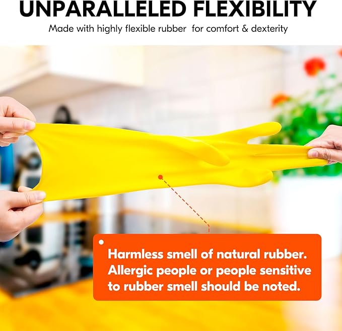 Vgo... 5-Pairs Reusable Household Gloves, Rubber Dishwashing gloves, Extra Thickness, Long Sleeves, Kitchen Cleaning, Working, Painting, Gardening, Pet Care (Size XL, Yellow, HH4601)