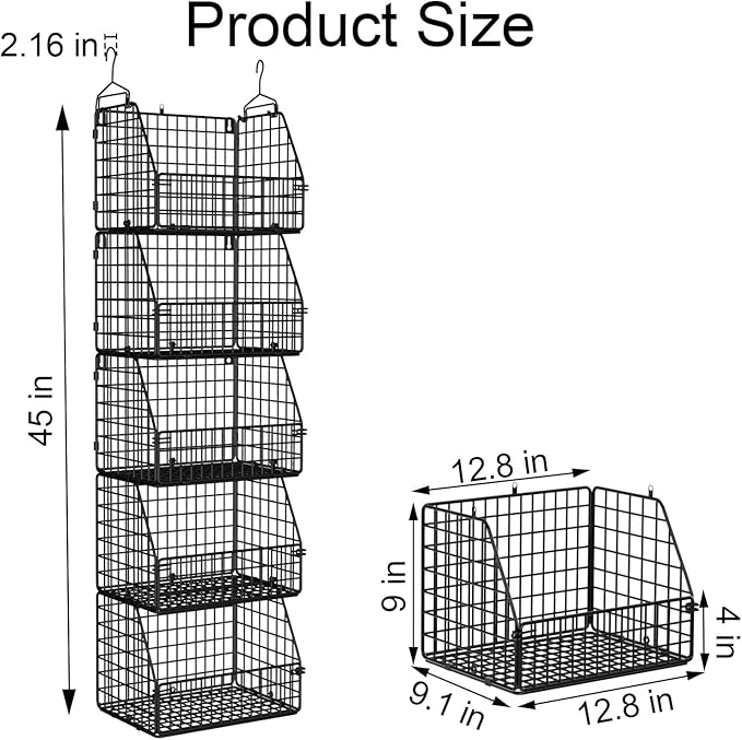 Stackable Wire Storage Baskets for Kitchen Closet Pantry, Hanging Closet Organizers Storage Shelves Organization, Wall Mount Metal Basket Bins, Clothing Vegetable & Fruit Organizer 5 pcs