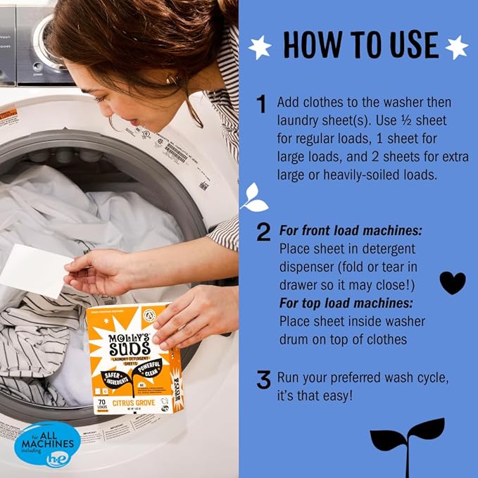 Molly’s Suds Laundry Detergent Sheets | Gentle on Sensitive Skin, Powerful Bio-Based Enzymes, Stain-Fighting | Liquidless & Plastic-Free Packaging | 120 Loads (Ocean Mist)