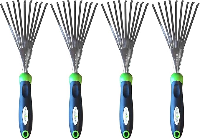 Garden Guru Stainless Steel Hand Rake Soil Tiller with Ergonomic Handle, Great for Gardening, Cultivating, Loosening Soil & Spreading Mulch (4 Pack)