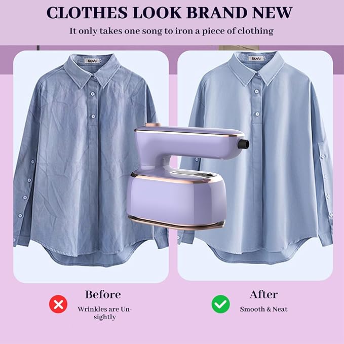 Portable Steam Iron，970W Dry Wet Dual Ironing Steam Hanging Ironing Machine，20S Rapid Preheating Large Water Tank Iron with Ergonomic Handle, Suitable for Home, Travel, Dormitory & Office (Purple)