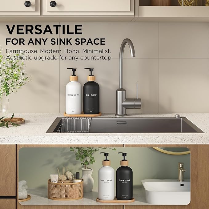 Hand and Dish Soap Dispenser Set,16oz Glass Bottles with Printed Labels, Bamboo Tray & Pump,Countertop Soap Dispensers for Kitchen,Luxury, Minimalist & Farmhouse Decor (Hand Dish (Black/White))