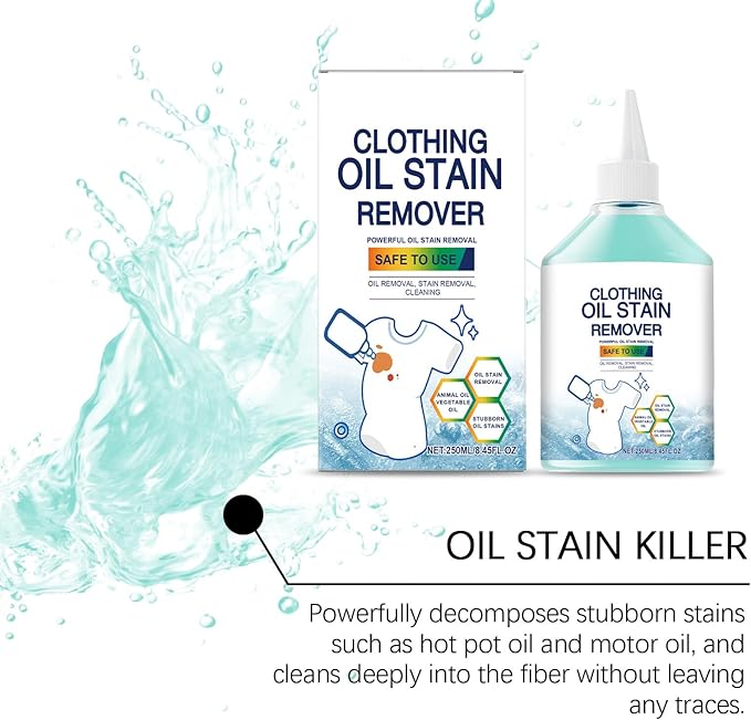 Oil and Stain Remover for Clothes, 8 FL OZ, Gentle Fabric Cleaner, Quick and Easy Grease Removal, Fabric Stain Remover For Cooking, Engine, Dried Oil And Grease Stains, Safe for All Fabric Types