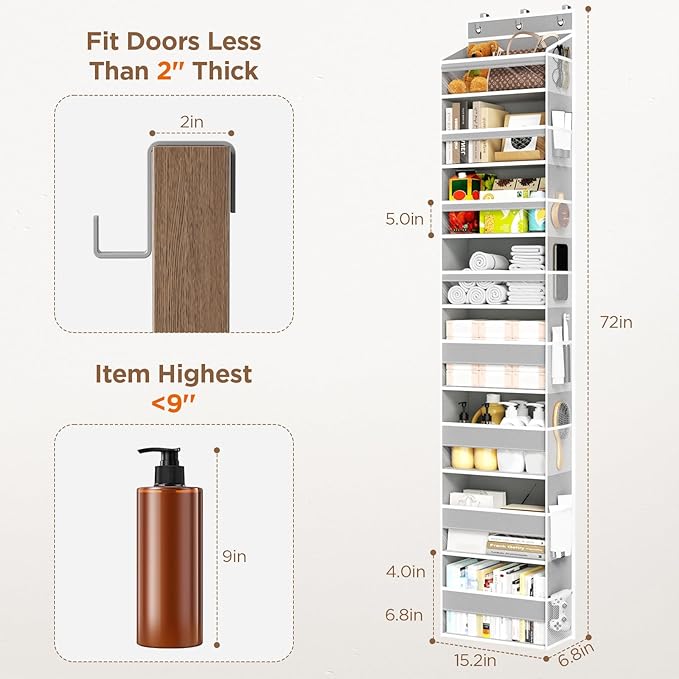 Over The Door Organizer, 8 Shelf Door Hanging Organizers with 8 Large Capacity Pockets, Back of Door Organizer Storage Hanging Shelves for Closet Bathroom Bedroom Nursery
