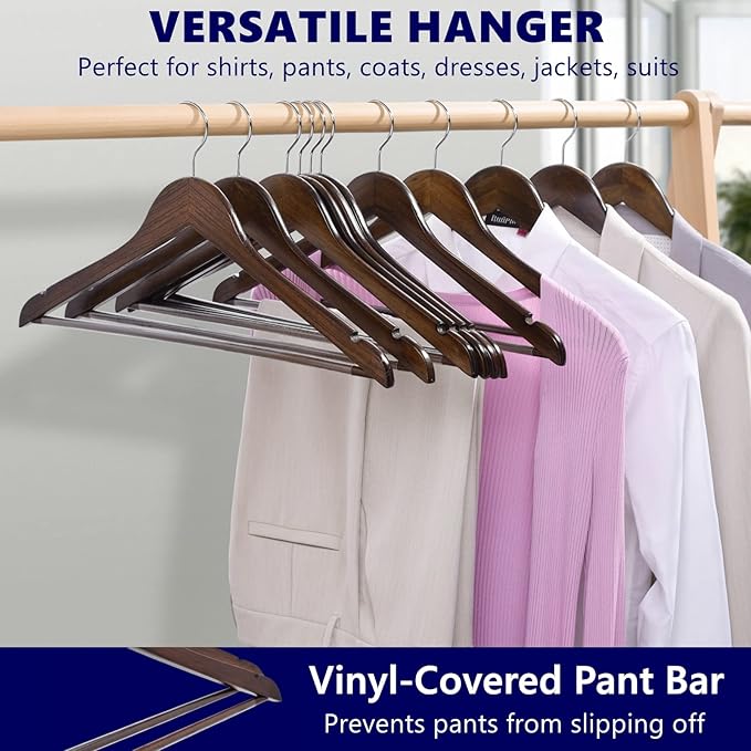 Amber Home 20 Pack Walnut Wooden Coat Hangers, Vintage Wood Suit Hangers with Non-Slip Pant Bar, Clothes Hangers for Closet Organization, Shirts, Jackets, Dresses, and Pants (Retro, 20)