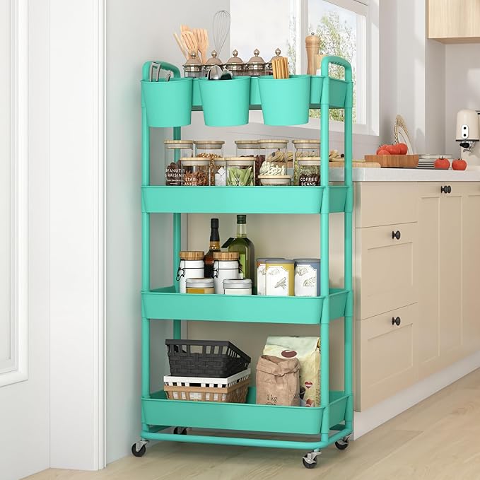 JIUYOTREE 4-Tier Plastic Rolling Storage Cart Utility Cart with Extra Hanging Cups Handles Lockable Wheels for Living Room Bathroom Kitchen Office Green