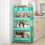 JIUYOTREE 4-Tier Plastic Rolling Storage Cart Utility Cart with Extra Hanging Cups Handles Lockable Wheels for Living Room Bathroom Kitchen Office Green