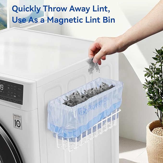 Magnetic Dryer Ball Holder and Magnetic Hanger Holder for Laundry Room Organization and Storage, Magnetic Lint Bin for Laundry Room, Iron Basket Dryer Ball Container for Laundry Room Storage (White)