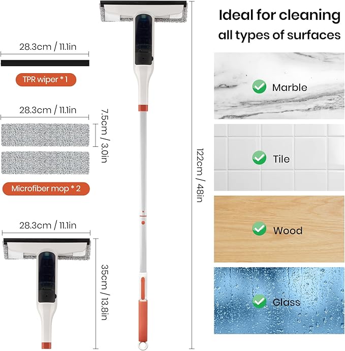 Spray Mop Window Cleaning Kit with Silicone Squeegee – Adjustable Aluminum Pole & Non-Slip Handle for Floors/Walls/Door/Windows/Cars/Bathroom, Detachable Tank & Washable Pads