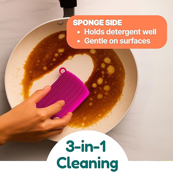 3-in-1 Silicone Scrubber Sponge with Squeegee – Non-Scratch Kitchen Sponge for Dishes, Sink & Bathroom, Quick-Dry, Reusable Cleaning Tool (Teal +Yellow)