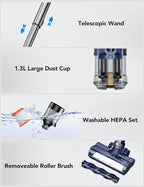 Cordless Vacuum Cleaner, Rapid Clean 23 Kpa Powerful Suction, 1.3 L Large Capacity, 2 Modes & 30Mins Runtime, Rechargeable Stick Vacuum for Pet Hair Hardwood Carpet - Blue