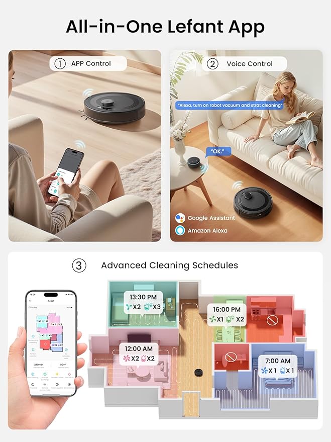 Lefant LiDAR Robot Vacuum and Mop, 45-Day Self-Emptying, 6000Pa Robotic Vacuum Cleaner with Carpet Detection, 190° PSD Obstacle Avoidance, Multi-Floor Mapping, WiFi/Alexa/APP/iWatch, M2 Plus, Black